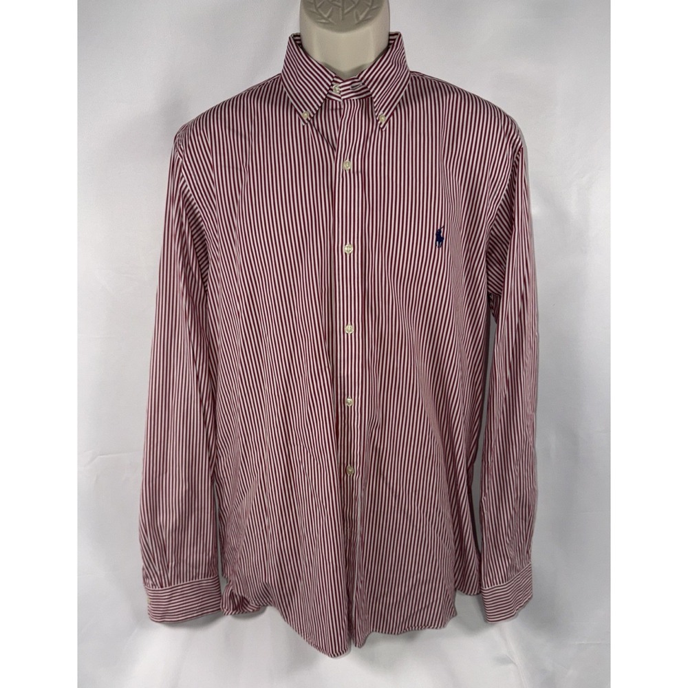 Ralph Lauren Red and White Striped Men's Shirt Classic Fit Size Large Crisp